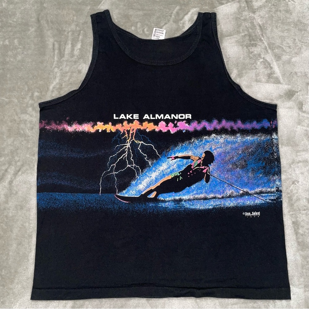 Vintage Anvil Lake Almanor Water Ski Graphic Tank Top Black Size XL
